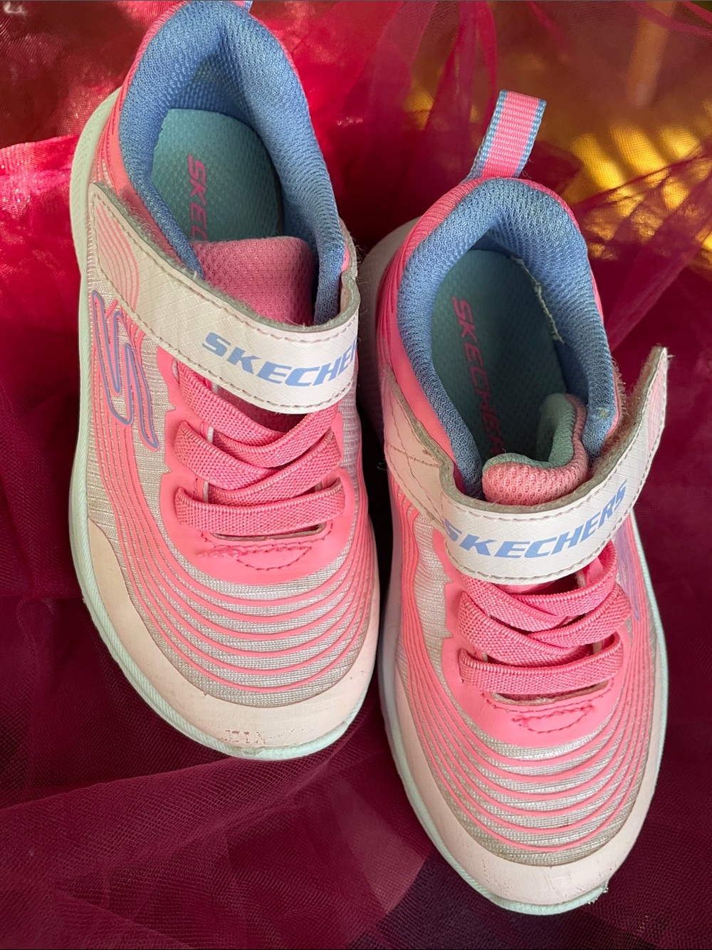 Girls 9 Skechers Kids Pink and Light Blue Athletic Sneakers